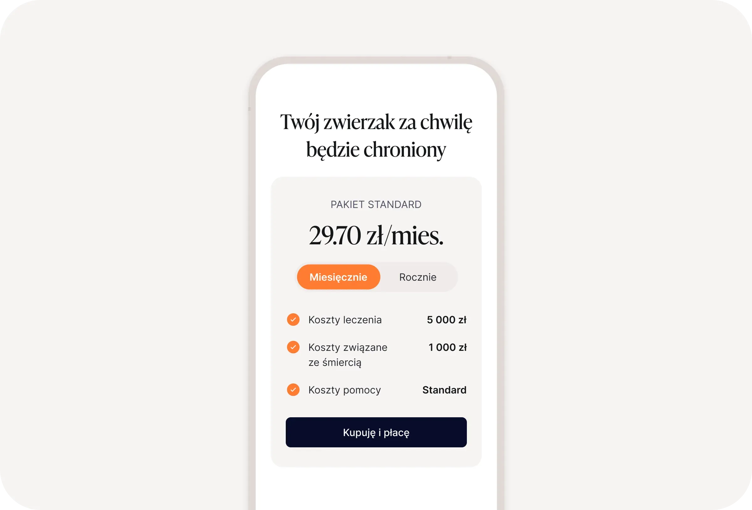 Zrzut ekranu podsumowania zakupu polisy ubezpieczeniowej dla zwierzęcia – pakiet Standard, cena 29,70 zł/mies. i przycisk zakupu.